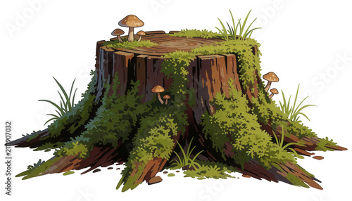 Mossy Tree Stump with Mushrooms Transparent Background