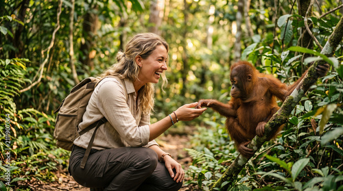 Smiling woman gently touching the hand of a young orangutan climbing on a tree in a lush tropical jungle