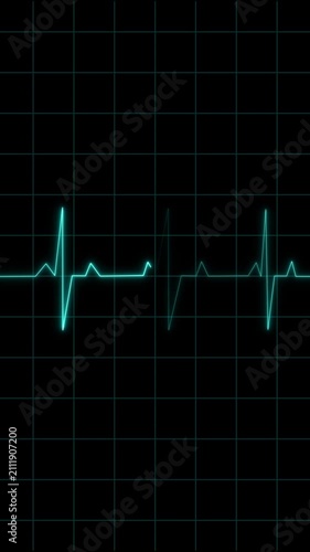 Glowing heart monitor line on a dark grid screen, showing a steady heartbeat rhythm Clean medical background for health, emergency, hospital, and technology themes
