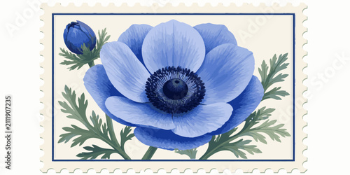 Foto Blue Anemone Stamp Design: A beautifully illustrated blue anemone flower, complete with a bud and green leaves, is depicted within a stamp border, evoking a sense of vintage charm and natural beauty