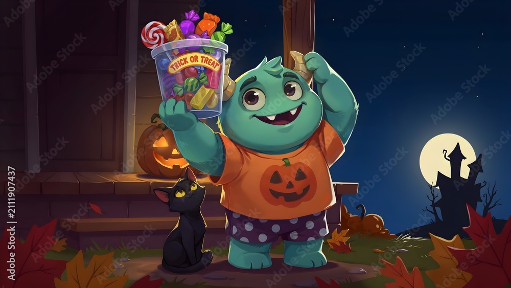 Fototapeta premium Cartoon monster holding a trick or treat bucket digital illustration