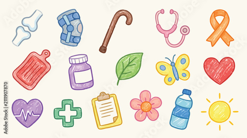 Fotografie Collection of hand-drawn icons representing health, wellness, and medical care with a cheerful, cartoonish style