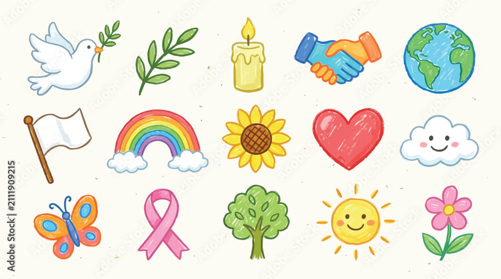 Fototapeta premium Collection of symbols representing peace, hope, love, and nature in a hand-drawn, crayon-like style.