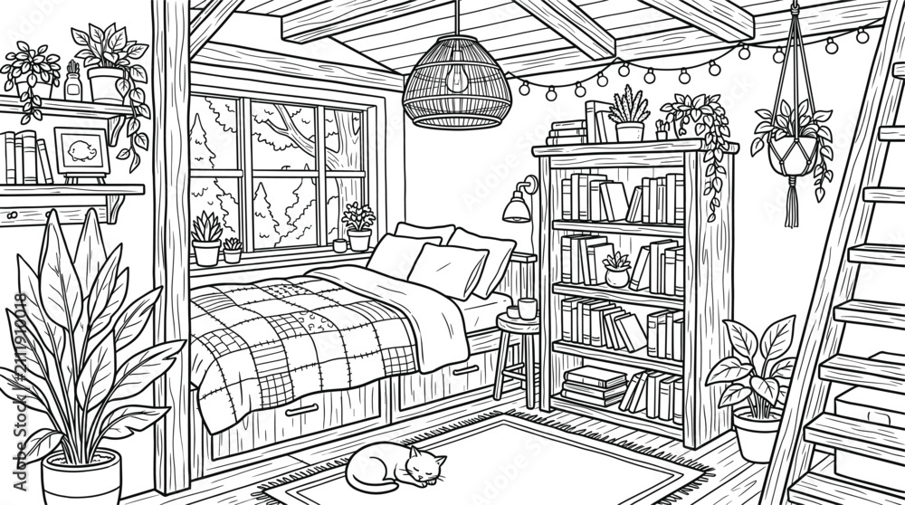 Fototapeta premium Cozy Rustic Cabin Bedroom Interior Coloring Page Black and White Outline Vector Illustration