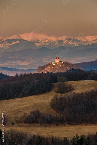 Konstfotografi Scenic winter view of Banska Stiavnica unesco calvary church in Slovakia