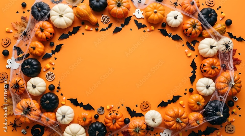 Fototapeta premium Halloween background with pumpkins, bats, spiders and cobwebs on orange