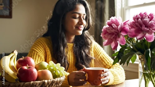 Woman drinking tea at table with fruit and flowers.
