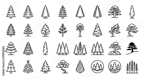 Minimalist pine tree icons set, 32 black line conifer vector symbols, evergreen forest and spruce nature elements for landscaping and map design