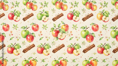 Watercolor Seamless Pattern of Red and Green Apples with Cinnamon Sticks on Cream Background