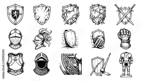 Foto Medieval knight armor icons, 15 vintage heraldry vector elements, hand drawn war