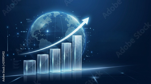 Digital business growth concept featuring a glowing 3D bar graph with five glass pillars and a rising white arrow set against a holographic world globe on a dark blue background.