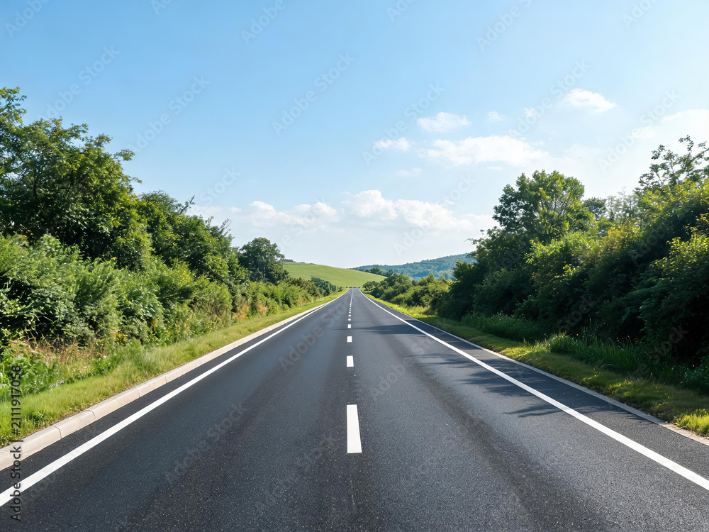 Obraz premium A straight paved road stretches through lush green rural landscape under a clear blue sky with distant rolling hills.