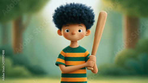 Cartoon boy holding baseball bat in garden for kids sport play and childhood activity concept