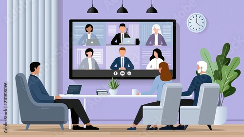Diverse business team connecting during a video conference meeting in a modern office setting with natural light