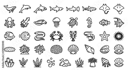 Detailed Sea Creatures and Underwater Life Icon Set. Marine Animals Outline Collection. Editable Stroke Vector Illustration