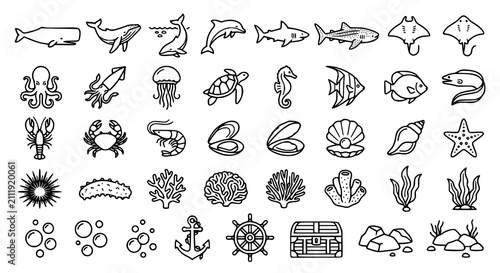 Sea Animals and Underwater Wildlife Icon Pack. Minimal Marine Creature Outline Vector Collection with Editable Stroke