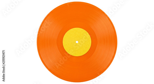 Quadro su tela Vibrant orange vinyl record with yellow label, isolated on white background