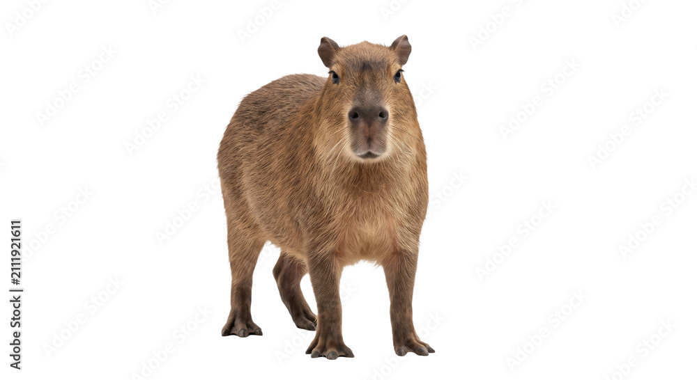 Naklejka premium A capybara stands facing forward on a white background, showcasing its furry coat