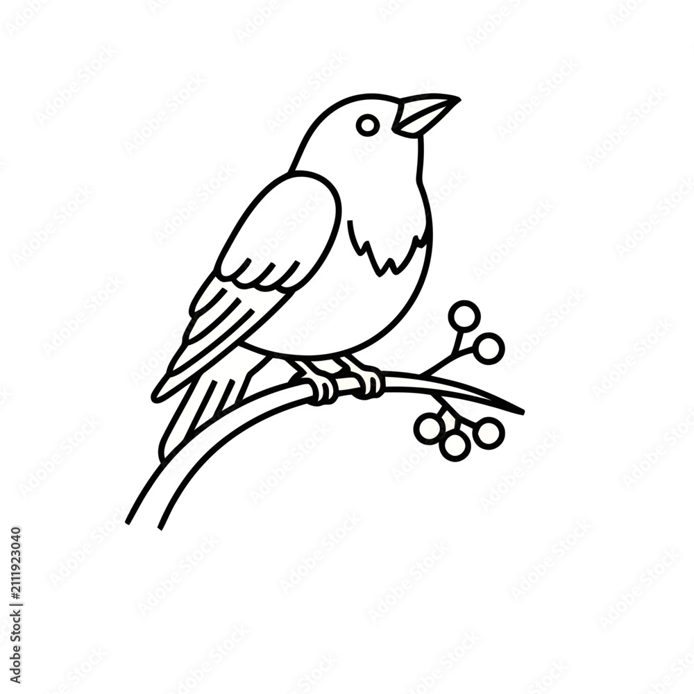 Fototapeta premium Line art of a bird on a branch with berries