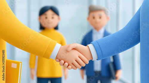 Close up business handshake in cartoon office for partnership agreement and teamwork success