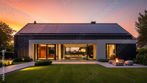 Quadro su tela Sustainable modern house with solar panels and fire pit at twilight architecture