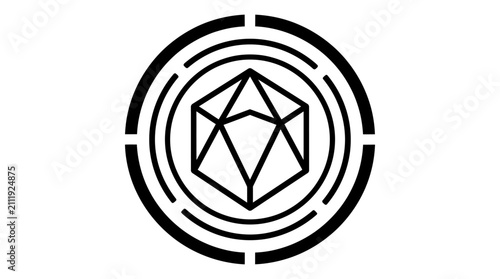 Geometric hexagon logo, futuristic tech circle icon, black line art vector