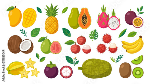 Tropical fruit collection, exotic food icons set, flat vector illustrations