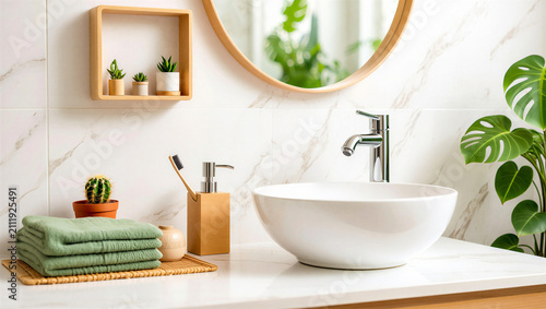 Obraz na plátně Modern bathroom vanity with ceramic basin and potted plants bathroom interior su