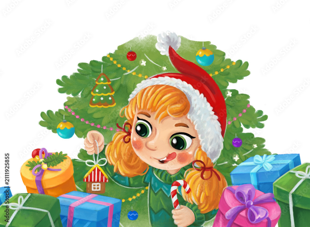 Fototapeta premium cartoon scene with young girl having fun with christmas tree in free time vacations xmas illustration for children