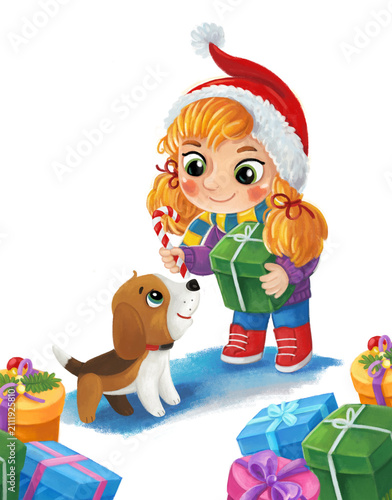 cartoon scene with young girl having fun with christmas tree with dog friend in free time vacations xmas illustration for children