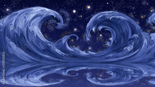 ocean with glowing tides and stars reflecting on liquid surface