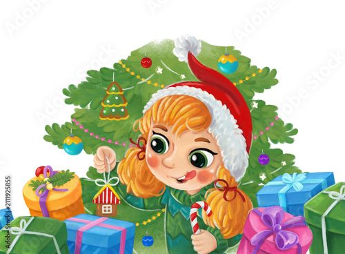 cartoon scene with young girl having fun with christmas tree in free time vacations xmas illustration for children