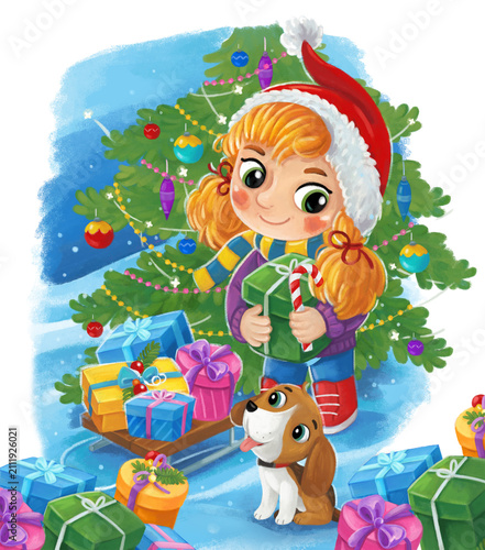 cartoon scene with young girl having fun with christmas tree with dog friend in free time vacations xmas illustration for children