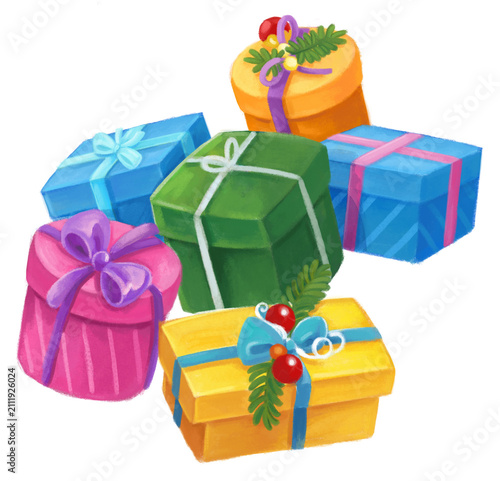 cartoon christmas scene with presents for holidays or birthday on white background illustration for children