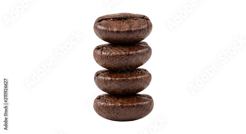 фотографія Stack of four dark roasted coffee beans isolated on a white background