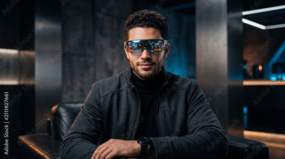 Obraz premium Confident businessman wearing smart futuristic blue visor glasses and suit in modern high tech office environment.