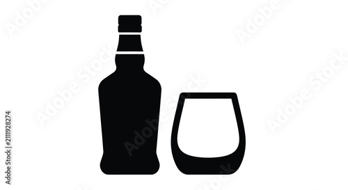 Quadro su tela Whiskey Bottle And Glass Silhouette On White Background