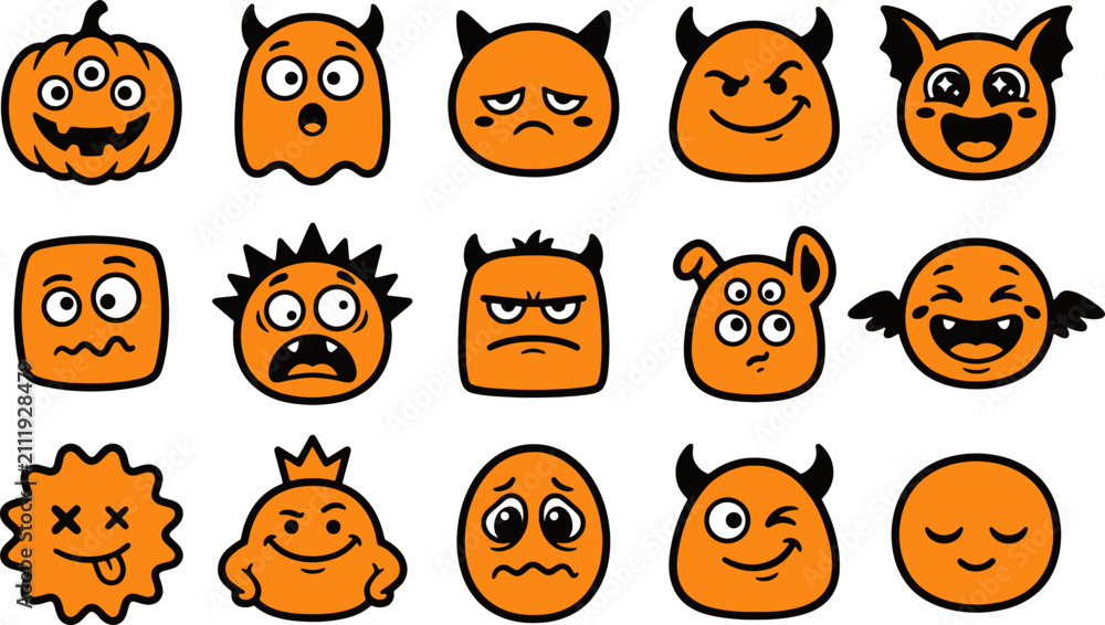 Fototapeta premium Colorful halloween character vector icons featuring pumpkins ghosts monsters and devils on a white background