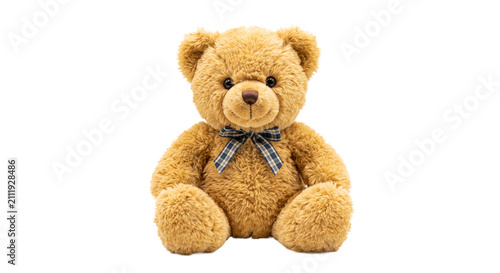 Картината върху платно Classic teddy bear with a blue plaid bow tie sits on a white background