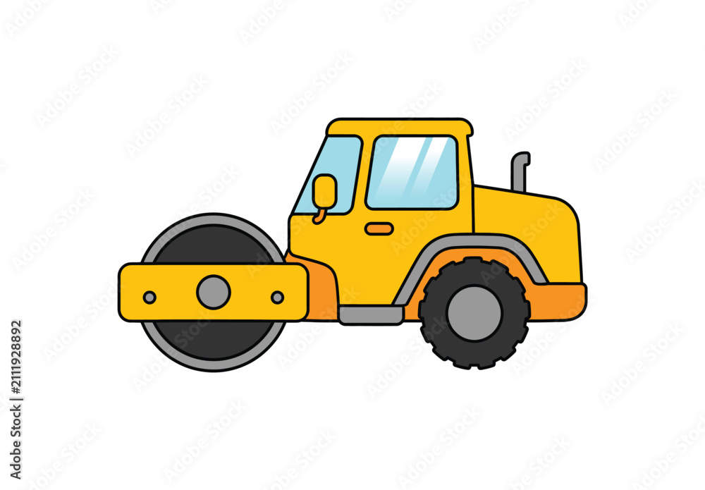 Naklejka premium Yellow Road Roller Construction Vehicle Cartoon Illustration.
