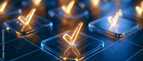 Digital Checkmarks Glow: A futuristic interface displays glowing golden checkmarks on transparent digital squares, symbolizing confirmation and successful task completion in a sleek, modern design.