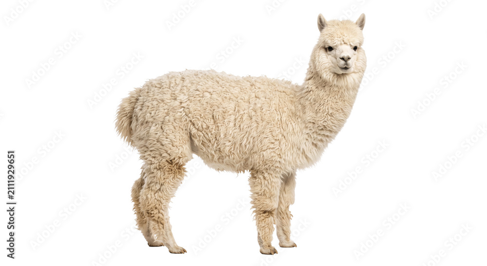 Naklejka premium A fluffy white alpaca stands elegantly against a stark black background