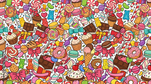 Colorful seamless pattern of sweets and desserts.