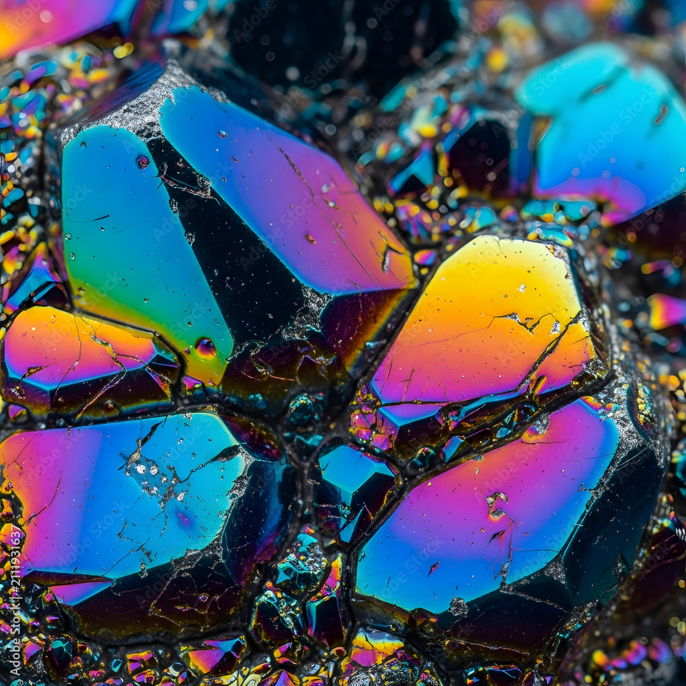 Obraz premium Mesmerizing close-up of iridescent mineral crystals, showcasing a dazzling spectrum of rainbow colors and intricate geometric patterns on a rough geological surface, a natural abstract beauty