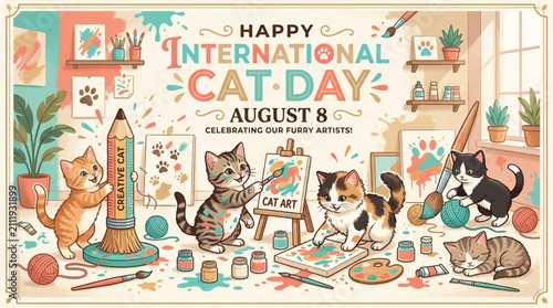 International Cat Day August 8 banner, cute kittens painting in art studio vector, creative cat artist holiday celebration illustration