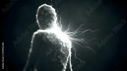 visualized as a glowing entity in digital space, surreal and cinematic composition