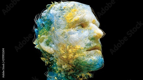 abstract face dissolving into particles and light fragments, transformation concept, vibrant colors