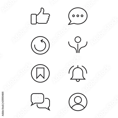 Social Media User Interface Line Icons Set with Like Comment Notification and Profile Vector Collection