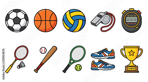 School Sports Equipment Icon Set with Soccer Basketball Volleyball and Trophy