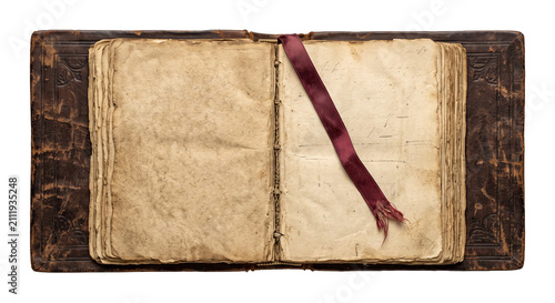 Quadro su tela Antique open book with aged pages and a worn leather cover